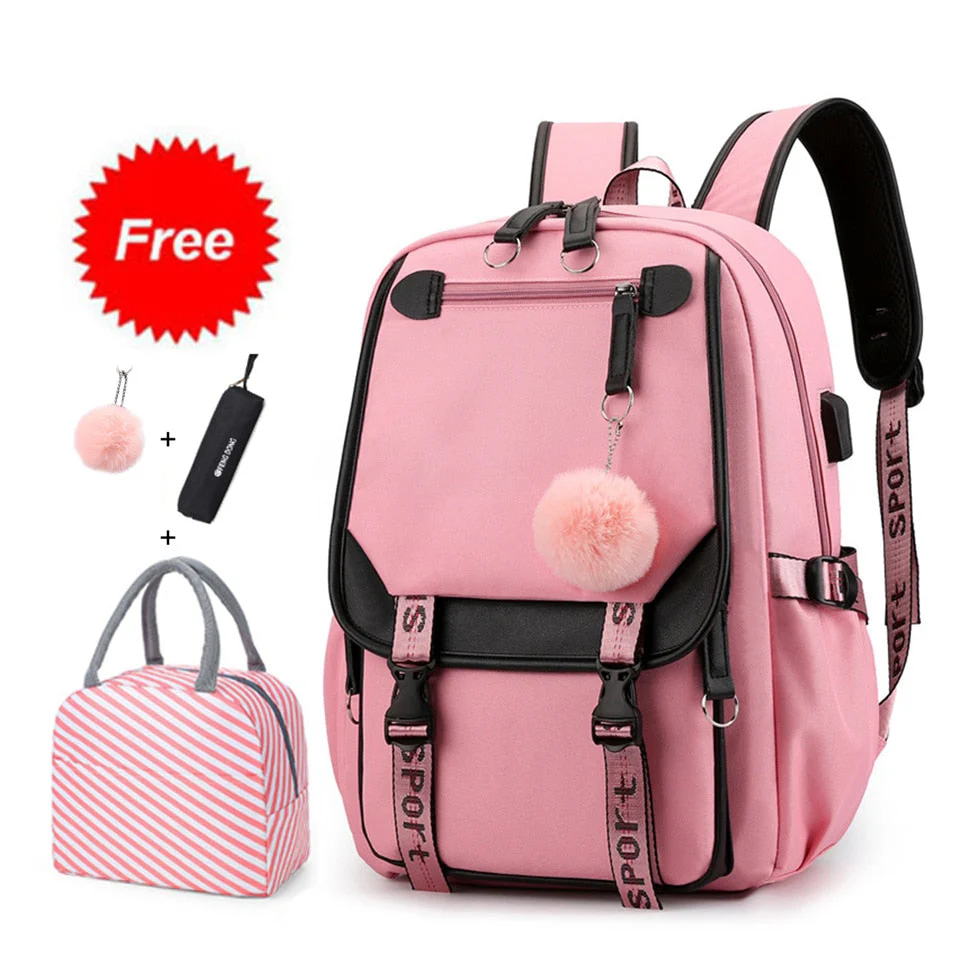 deanwangkt Teen Girl School Backpack with USB Charging Port 15.6 Inch Laptop Bag Water Resistant Nylon School Bookbag New - Deanwangkt