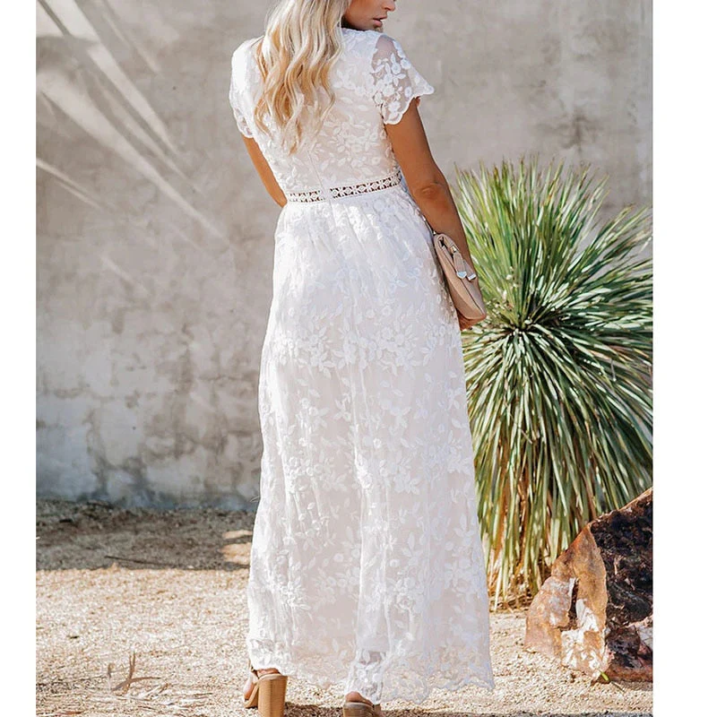 Summer Boho Women Maxi Dress Embroidery Short Sleeve Vocation Sexy White Lace Tunic Long Beach Dress - Deanwangkt