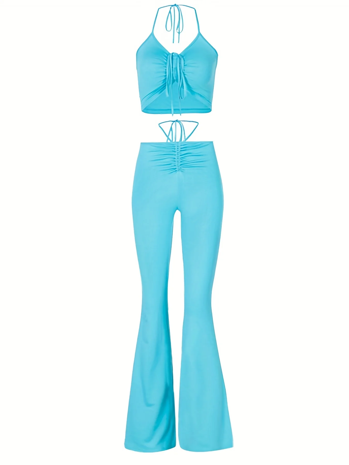 deanwangkt Solid Two-piece Set, Drawstring Ruched Halter Neck Crop Top & Slim Pants Outfits, Women's Clothing - Deanwangkt