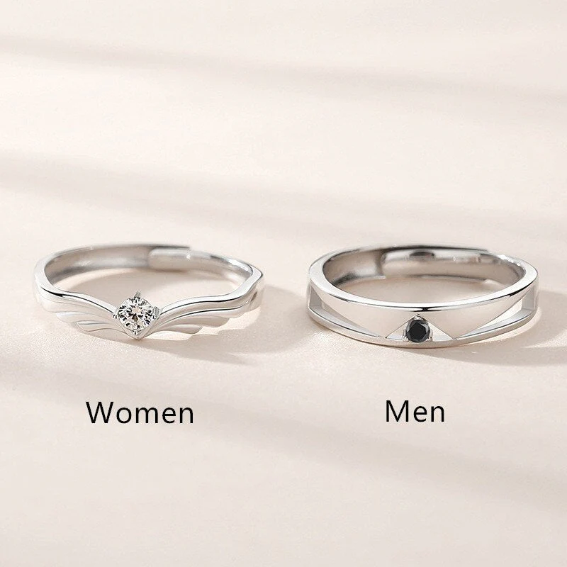 DEANWANGKT Sterling Silver Angel And Devil Couple Rings Wing Feather Opening Rings For Women Men Lovers Party Jewelry - Deanwangkt