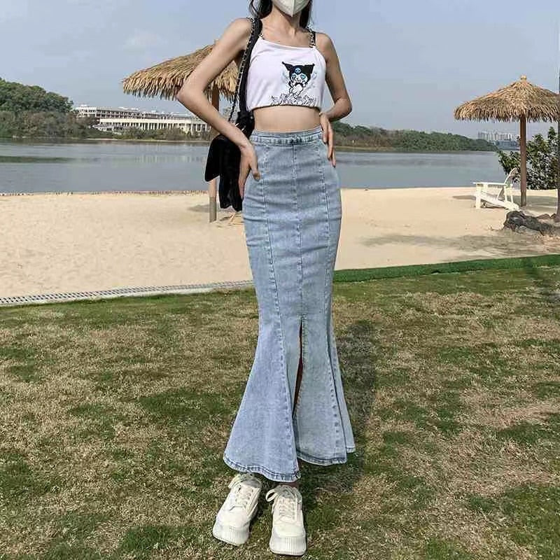 Joskka Sweet Cowboy Fishtail Dress Women Elasticity Slim y2k outfits Vent Buttock Covering Vintage Solid High Waist Denim Skirt - Deanwangkt
