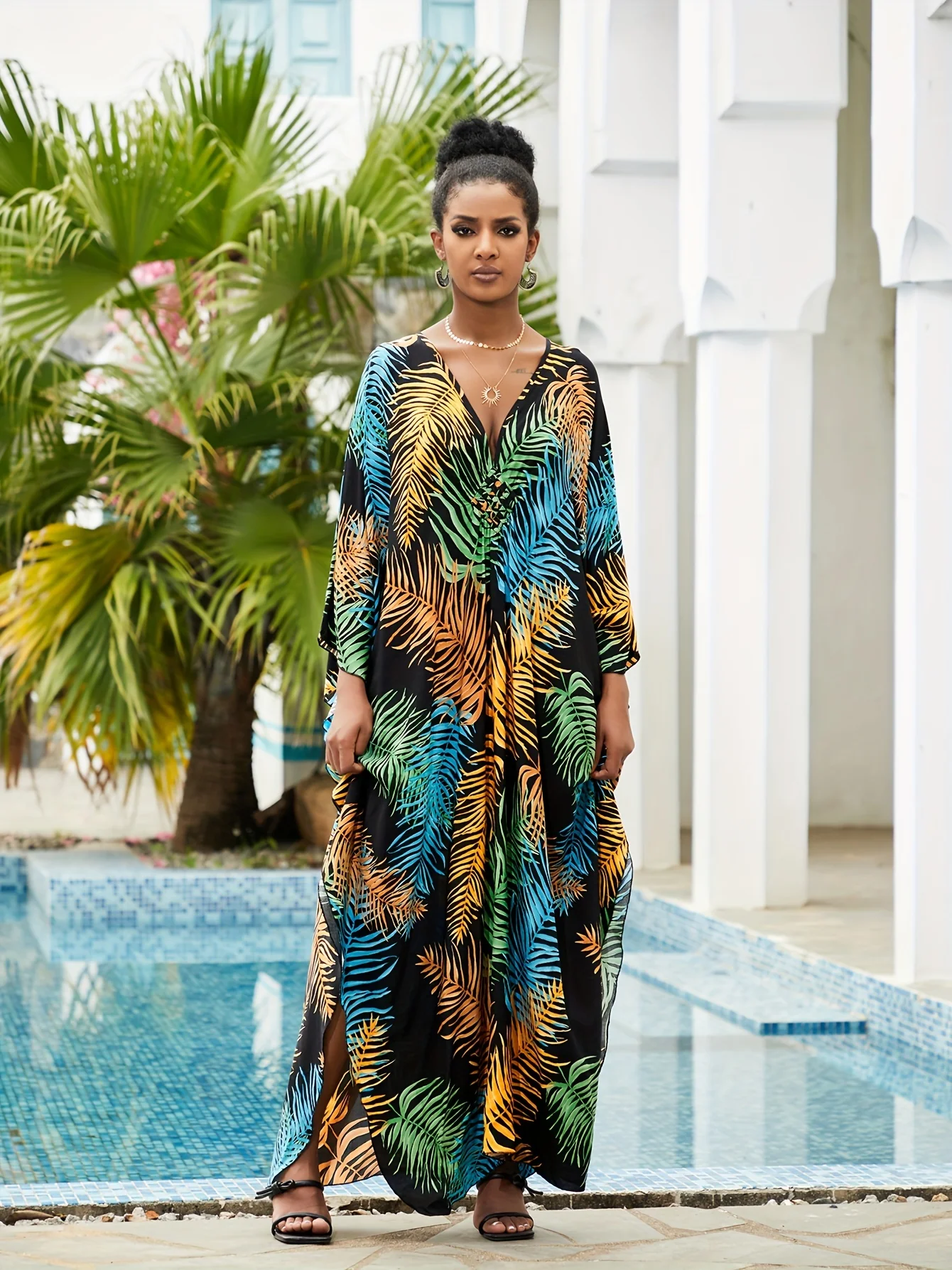 Plus Size Boho Kaftan Dress, Women's Plus Tropical Print Batwing Sleeve V Neck Split Maxi Beach Dress - Deanwangkt