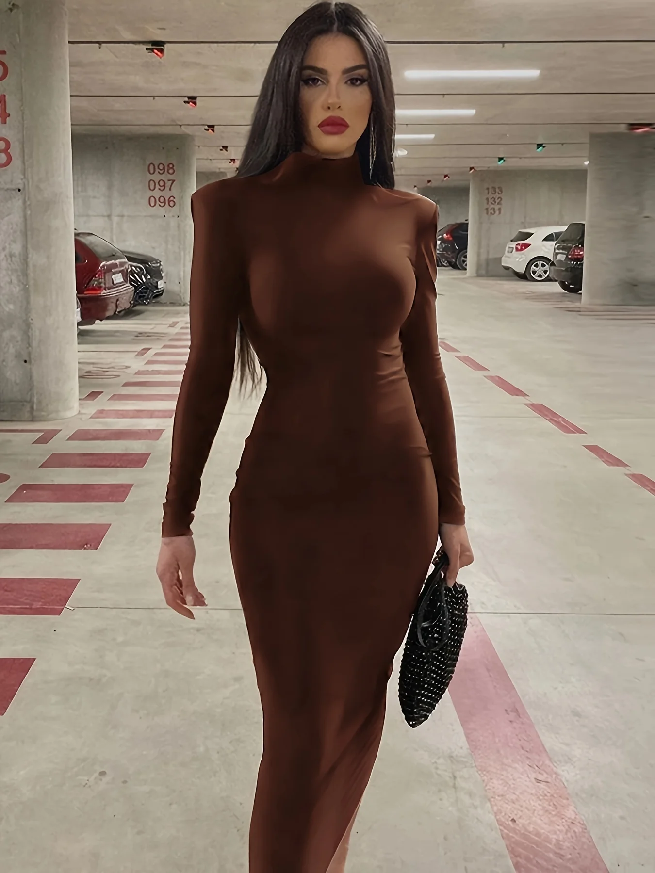 Long Sleeve Midi Dress, High Neck Slim Casual Every Day Dress, Women's Clothing - Deanwangkt