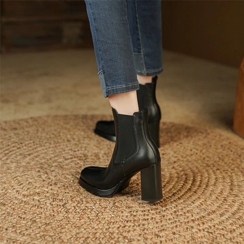 deanwangkt Autumn Boots   NEW Fall Shoes Women Split Leather Boots Square Toe Chunky Heel Shoes Solid Platform Modern Boots Eengent Super High Heel Boots - Deanwangkt