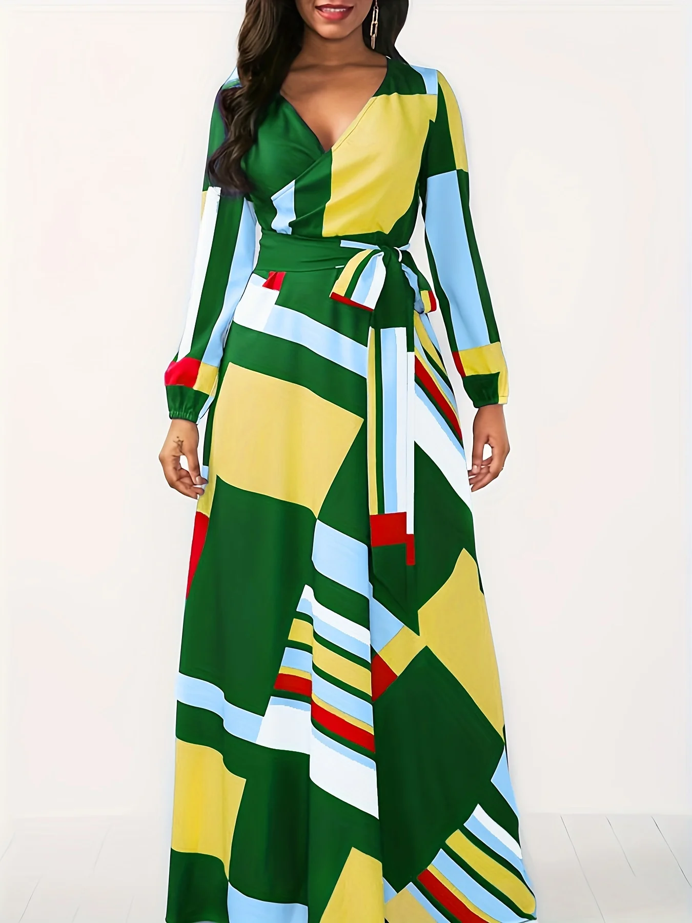 Plus Size Sexy Dress, Women's Plus Random Geometric Print Long Sleeve V Neck Wrap Dress - Deanwangkt