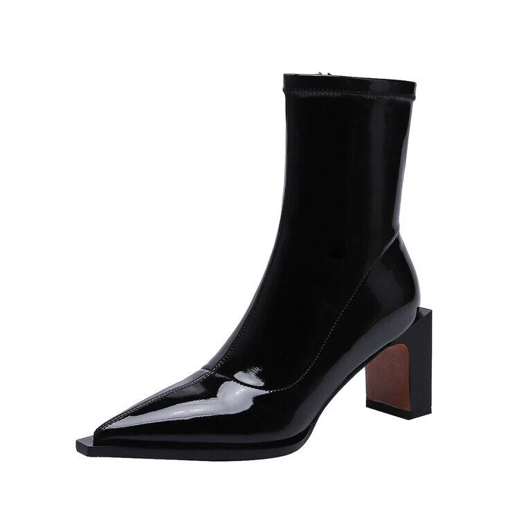 deanwangkt  Autumn Shoes   NEW Autumn Women Boots Pointed Toe High Heel Shoes Women Concise Patent Leather Boots Zipper Stretch Boots for Women Fall Shoes - Deanwangkt