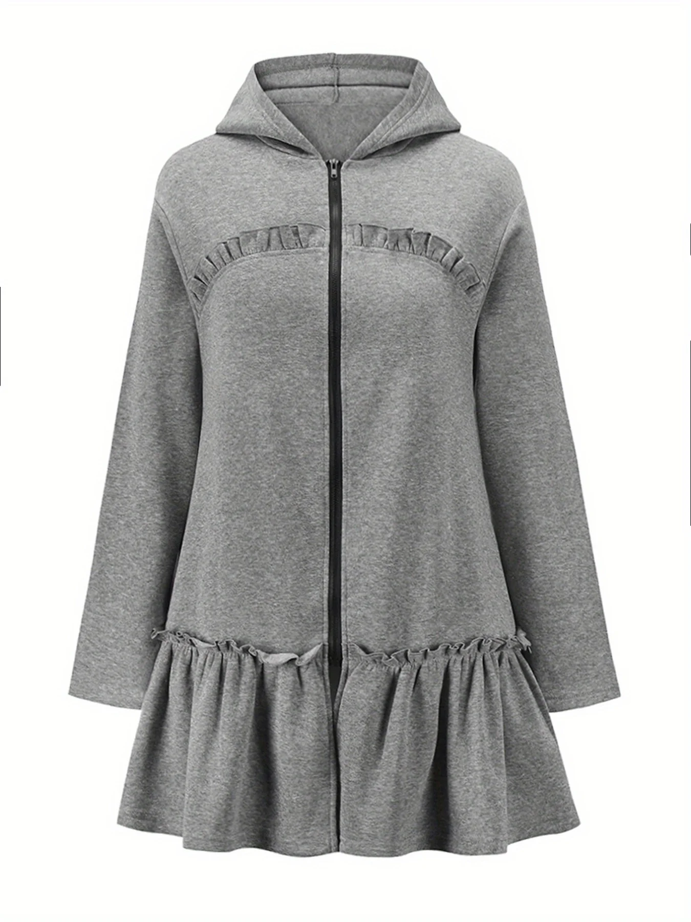 Flared Ruffle Trim Hoodies, Casual Zip Up Long Sleeve Solid Sweatshirt, Women's Clothing - Deanwangkt