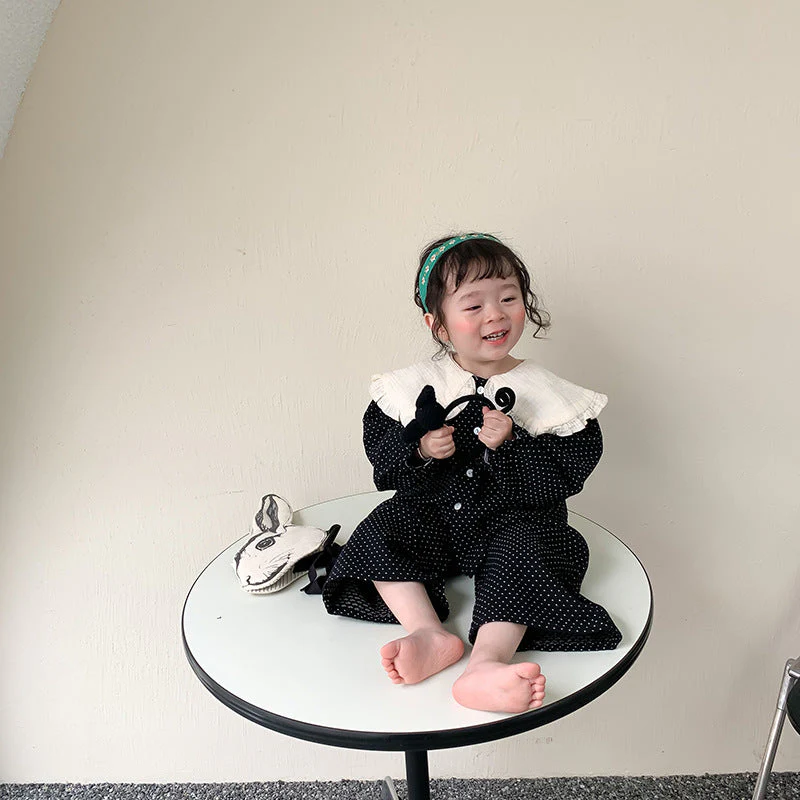 deanwangkt  Spring cute baby girl polka dot black outfits Girls fashion big turn-down collar shirt and wide leg pants 2pcs sets Kids clothes - Deanwangkt