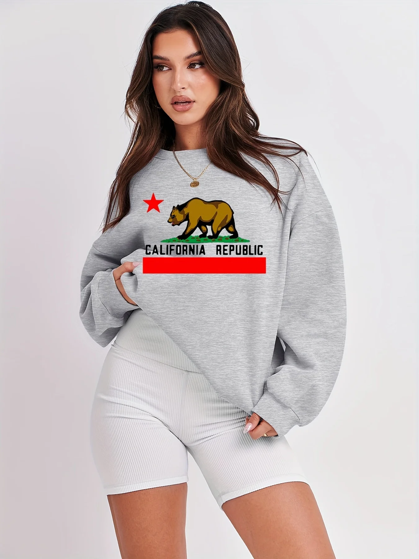 California Republic Print Sweatshirt, Casual Long Sleeve Crew Neck Sweatshirt, Women's Clothing - Deanwangkt