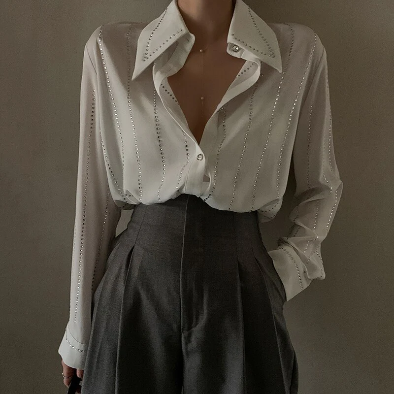 deanwangkt Casual Loose White Patchwork Diamonds Shirt For Women Lapel Long Sleeve Korean Fashion Blouses Females Autumn Style - Deanwangkt