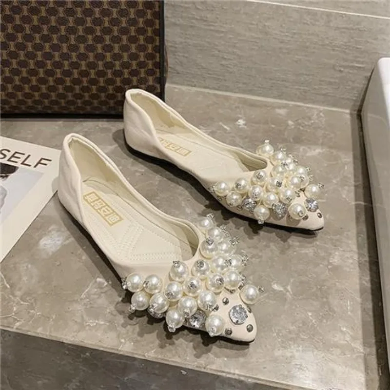 deanwangkt Elegant Ladies Pointed Flat Shoes  Spring Shallow Water Drill Pearl Buckle Soft Bottom Plus Size Comfortable Women's Shoes - Deanwangkt