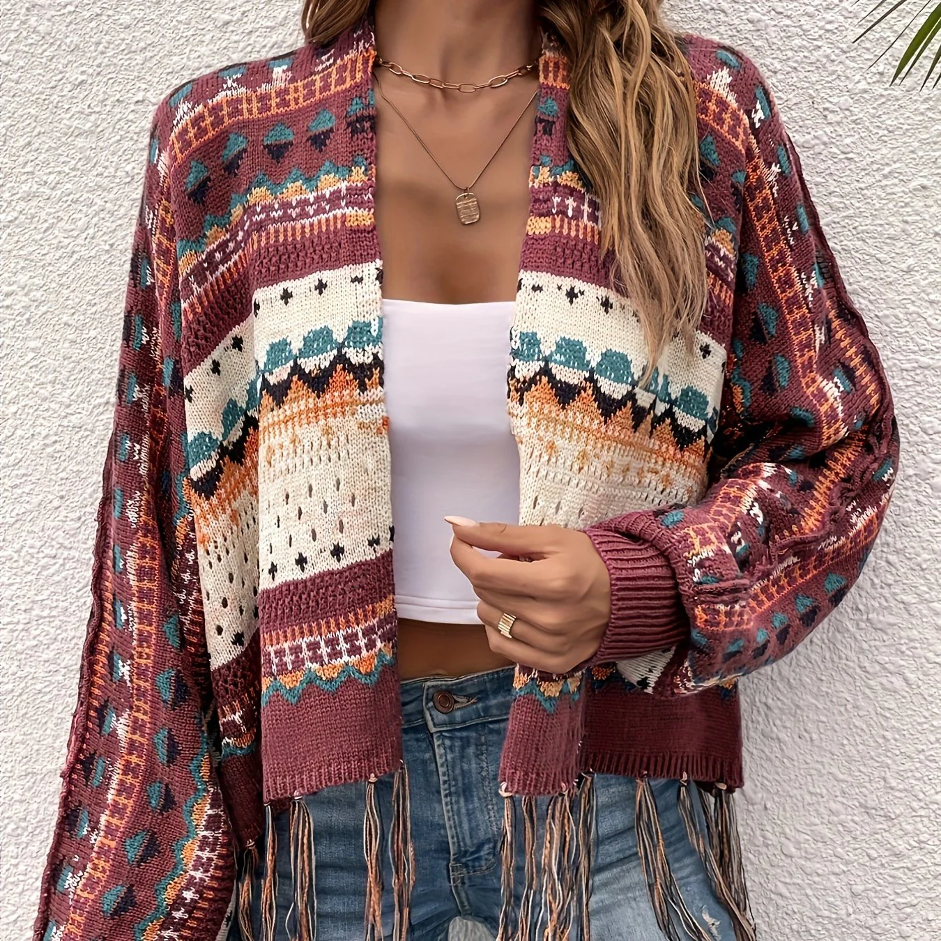 deanwangkt-1 Ethnic Graphic Pattern Tassel Cardigan, Vintage Open Front Cardigan For Spring & Fall, Women's Clothing - Deanwangkt