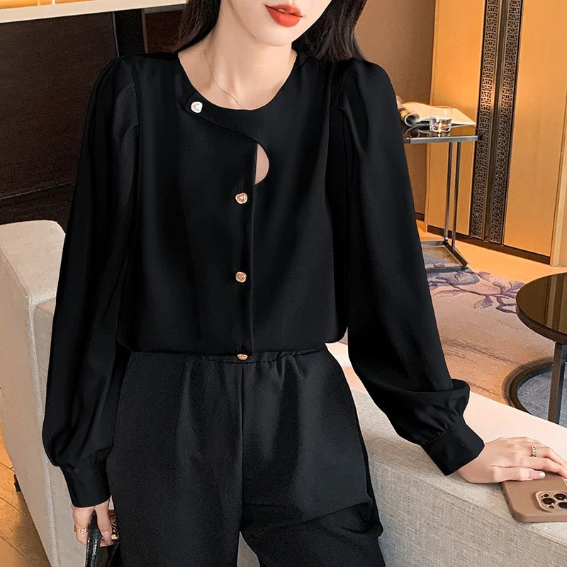 deanwangkt Casual Hollow Shirt Elegant Office Lady Tops Autumn Long Sleeve Blouse Fashion Chic Round Collar Solid Loose Women Clothes - Deanwangkt