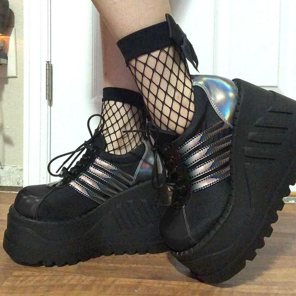 DEANWANGKT  Band Goth Platform Wedges Punk Chunky Mid Calf Boots Women Thick Heel Autumn Trendy Cosplay Casual Shoes Women - Deanwangkt