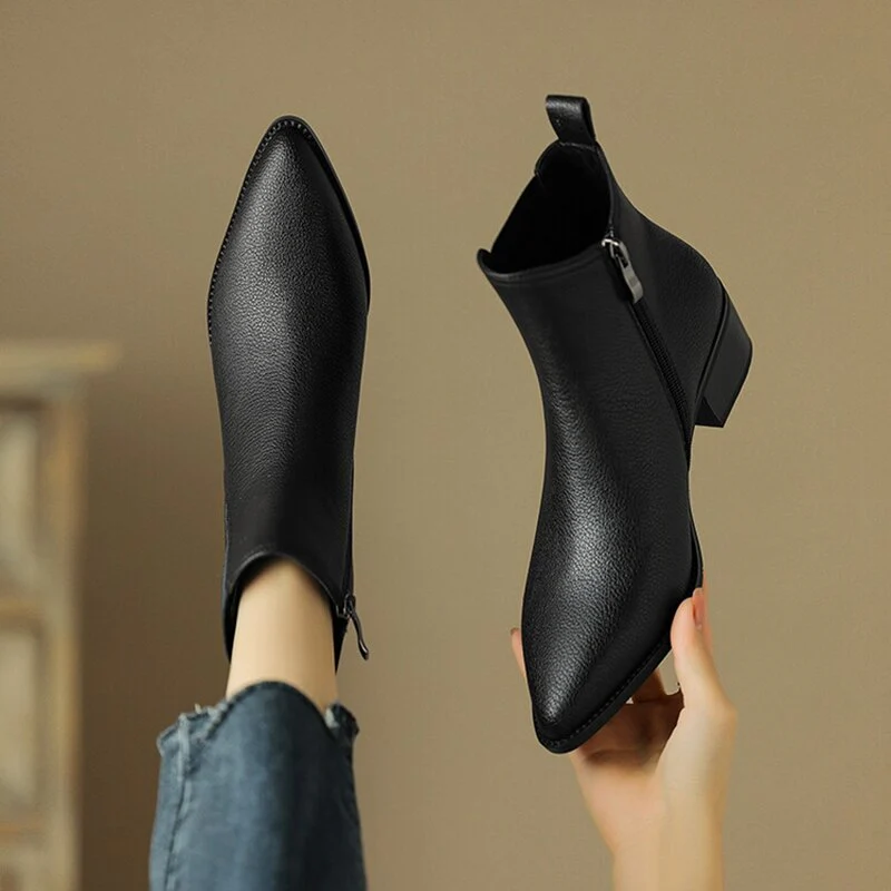 deanwangkt  fashion inspo   NEW Autumn Boots Women Split Leather Shoes for Women Pointed Toe Chunky Heel Shoes Retro Zipper Short Boots Black Ankle Boots - Deanwangkt