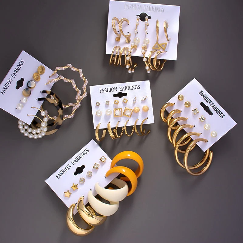 DEANWANGKT Boho Women's Earrings Vintage Punk Gold Color Metal Acrylic Big Circle Pearls Hoop Earring Set for Woman Girl Trend Jewelry - Deanwangkt