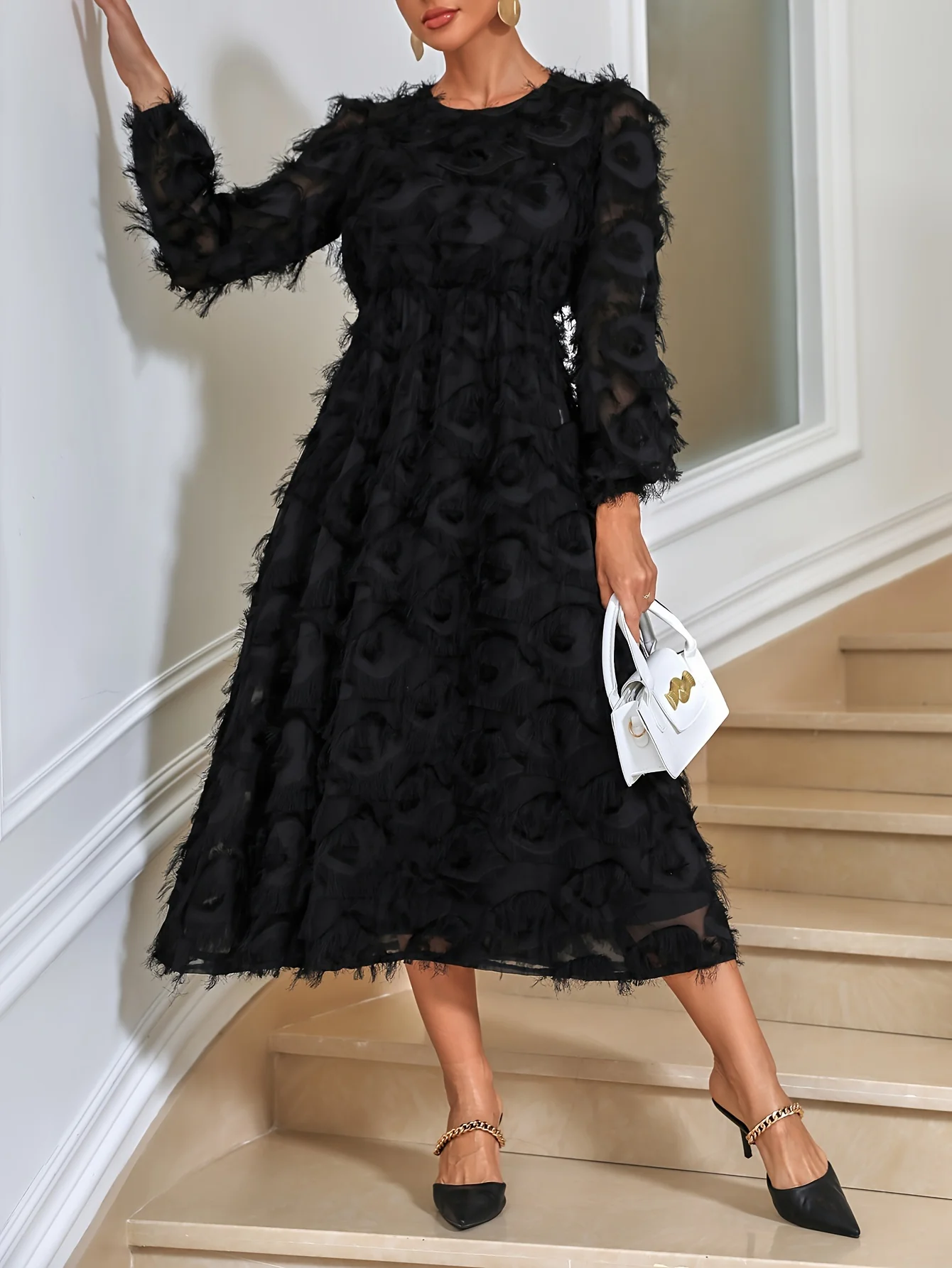 Fuzzy Solid Dress, Elegant Crew Neck Long Sleeve High Waist Dress, Women's Clothing - Deanwangkt