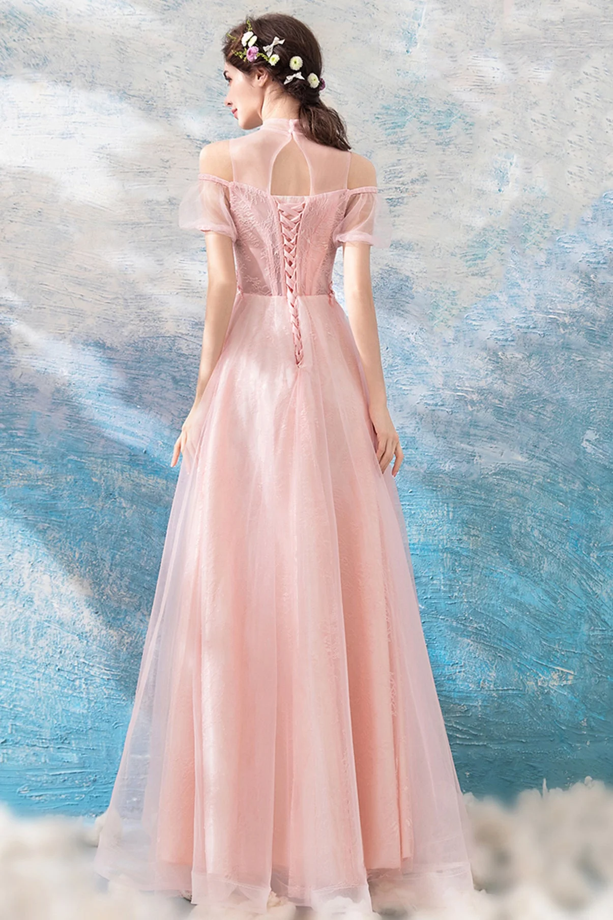 solvbao Pink Lace Long A-Line Prom Dresses, Lovely Pink Evening Dresses - Deanwangkt