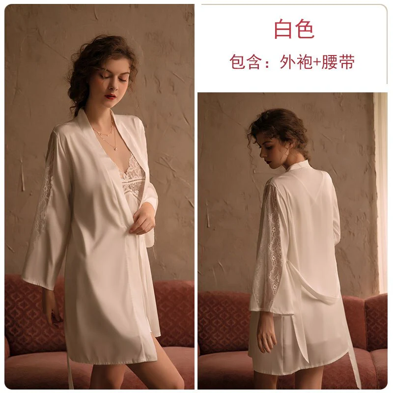 deanwangkt 3 Piece Lingerie Set with Robe Satin Pajamas Dress Cardigan Long Sleeve Top Sexy Sleepwear Bath Female Adult Nightwear Nightgown - Deanwangkt