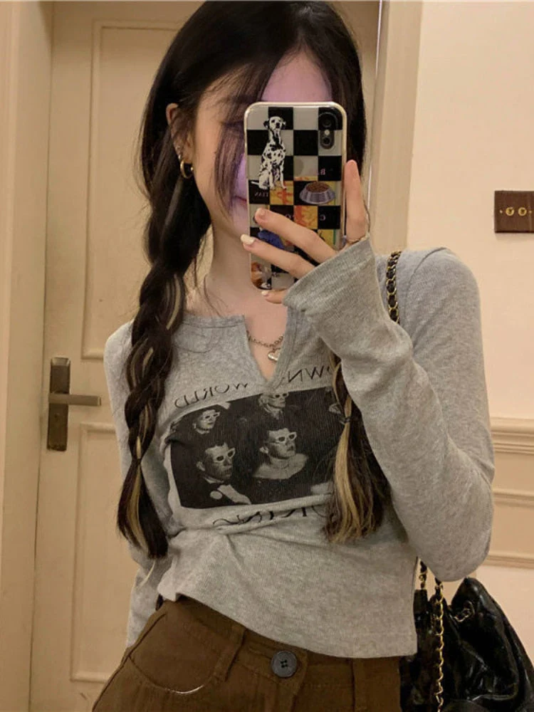 Wenkouban Y2K Grunge Graphic Tees Gray Crop Top Women Korean Style Long Sleeve Sexy Slim White Tshirts Vintage Streetwear T Shirt - Deanwangkt