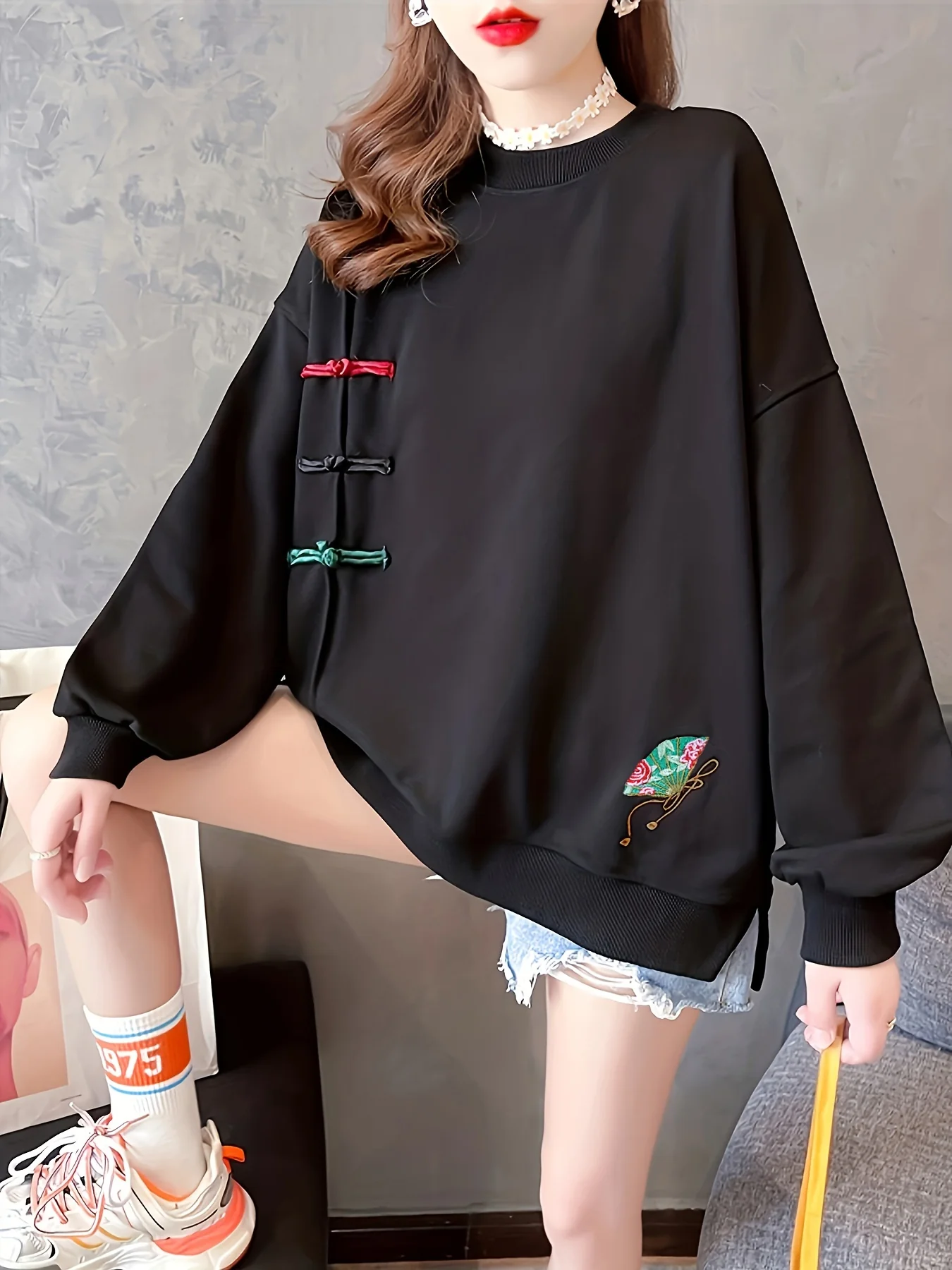 deanwangkt  Frog Button Folding Fan Sweatshirt, Casual Long Sleeve Crew Neck Sweatshirt For Fall & Winter, Women's Clothing - Deanwangkt