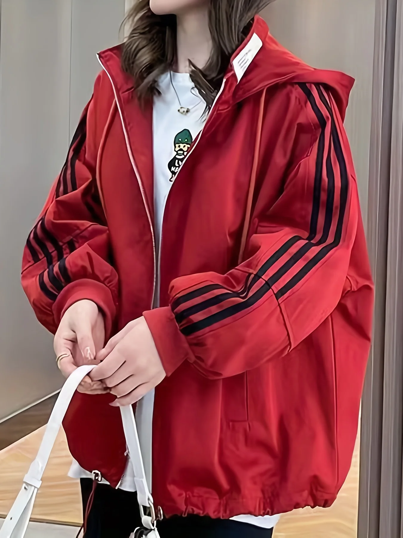 deanwangkt-1 Striped Print Zip Up Jacket, Casual Drawstring Hooded Jacket, Women's Clothing - Deanwangkt