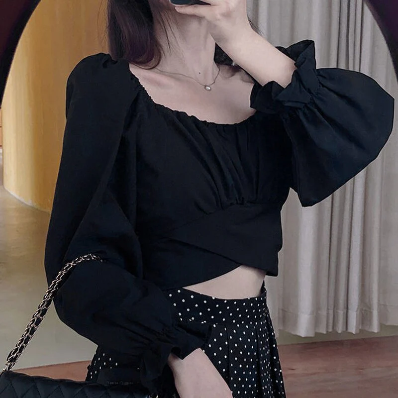 deanwangkt Women Blouses Solid Designer Slim Sexy Crop Top Bandage Square Collar Korean Style Trendy Temperament Females Shirts Summer Chic - Deanwangkt