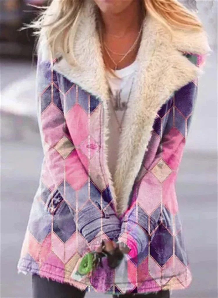 deanwangkt  new hot-selling lapel printing single-breasted long-sleeved plush plush coat women's coat winter coat women elegant - Deanwangkt