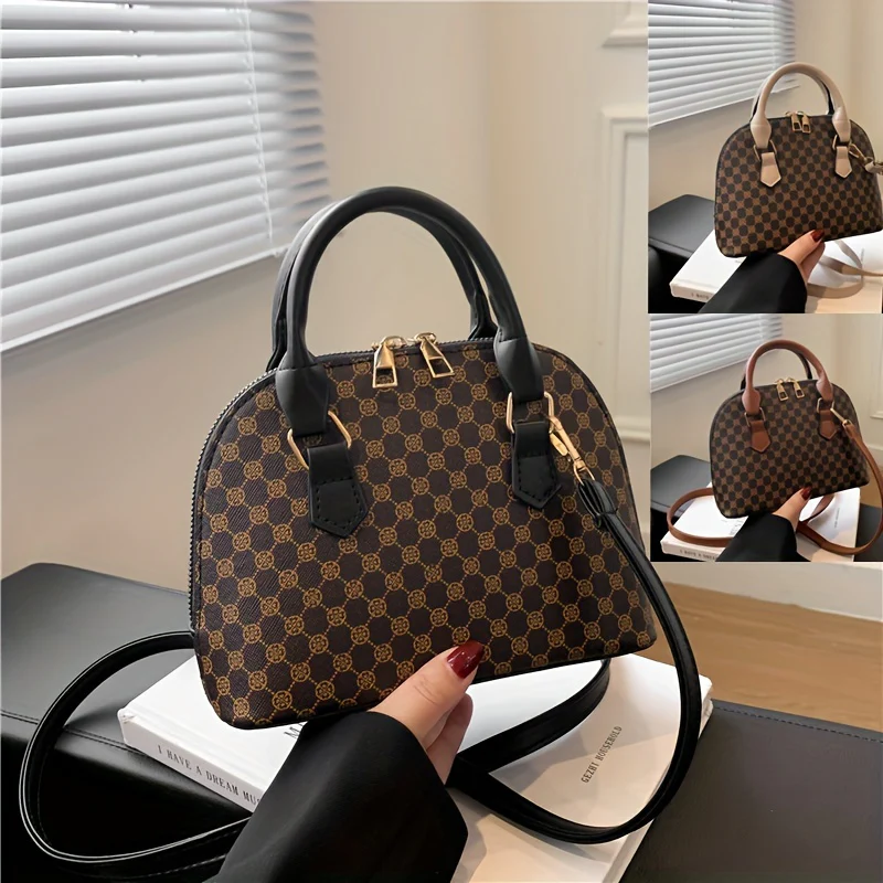 Vintage Geometric Pattern Shell Bag, Classic Zipper Textured Satchel Bag For Women - Deanwangkt