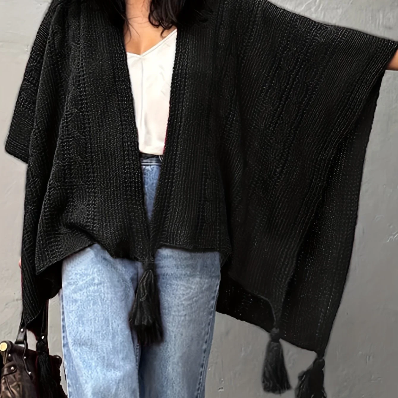 deanwangkt Plus Size Casual Cover Up, Women's Plus Solid Cape Sleeve Tassel Hem Beach Cover Up - Deanwangkt