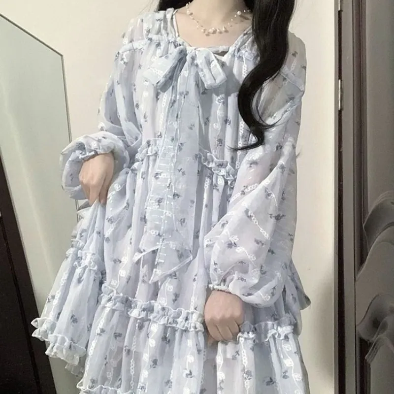 deanwangkt Fairycore Cute Floral Blue Lolita Dress Women Kawaii Japanese Style Sweet Ruffles Long Puff Sleeve Mini Dresses Autumn - Deanwangkt