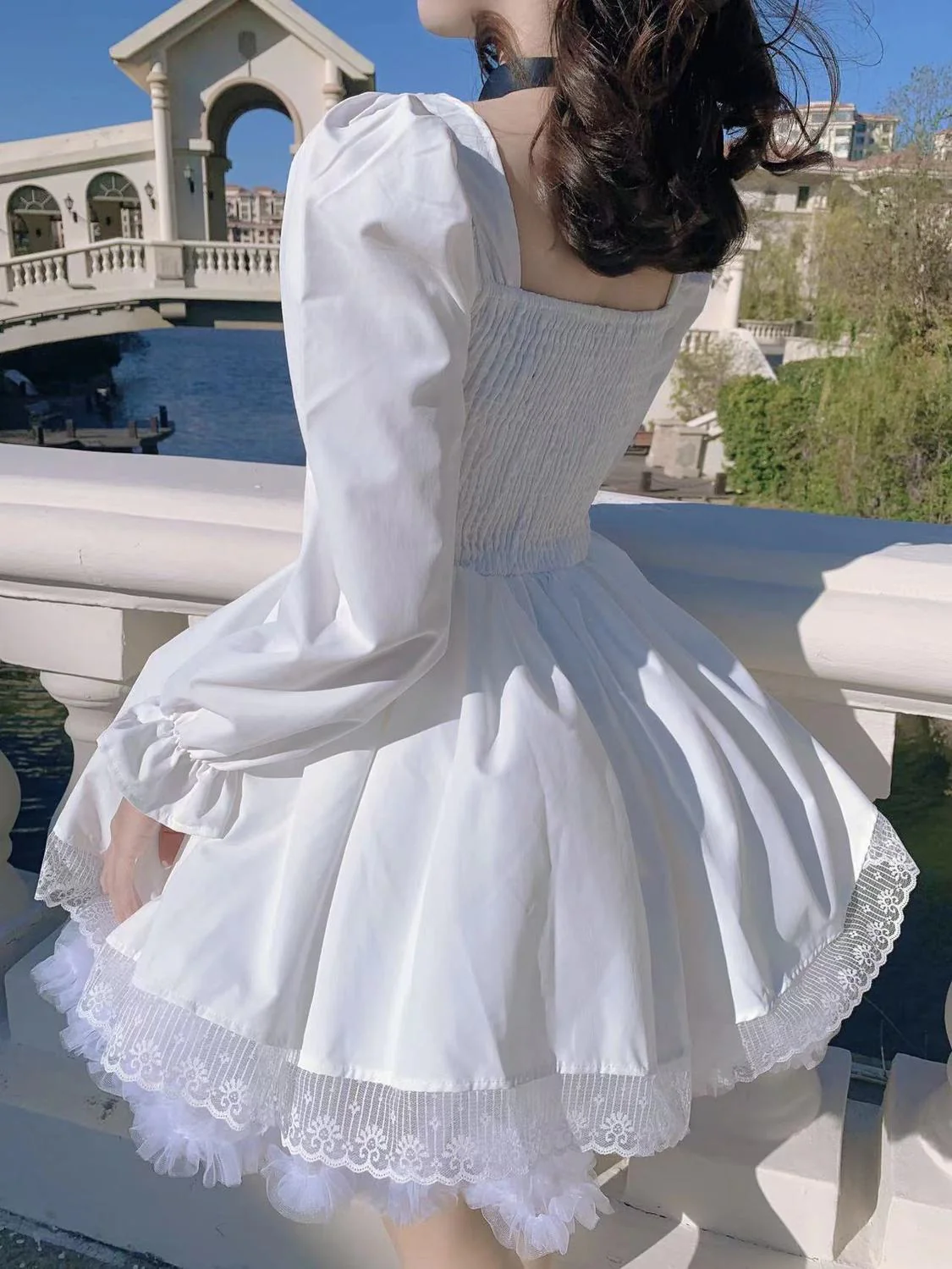 deanwangkt White Lolita Dress Kawaii Vinatge Long Sleeve Mini Dresses Black Gothic Bandage Lace Patchwork Streetwear Square Collar - Deanwangkt