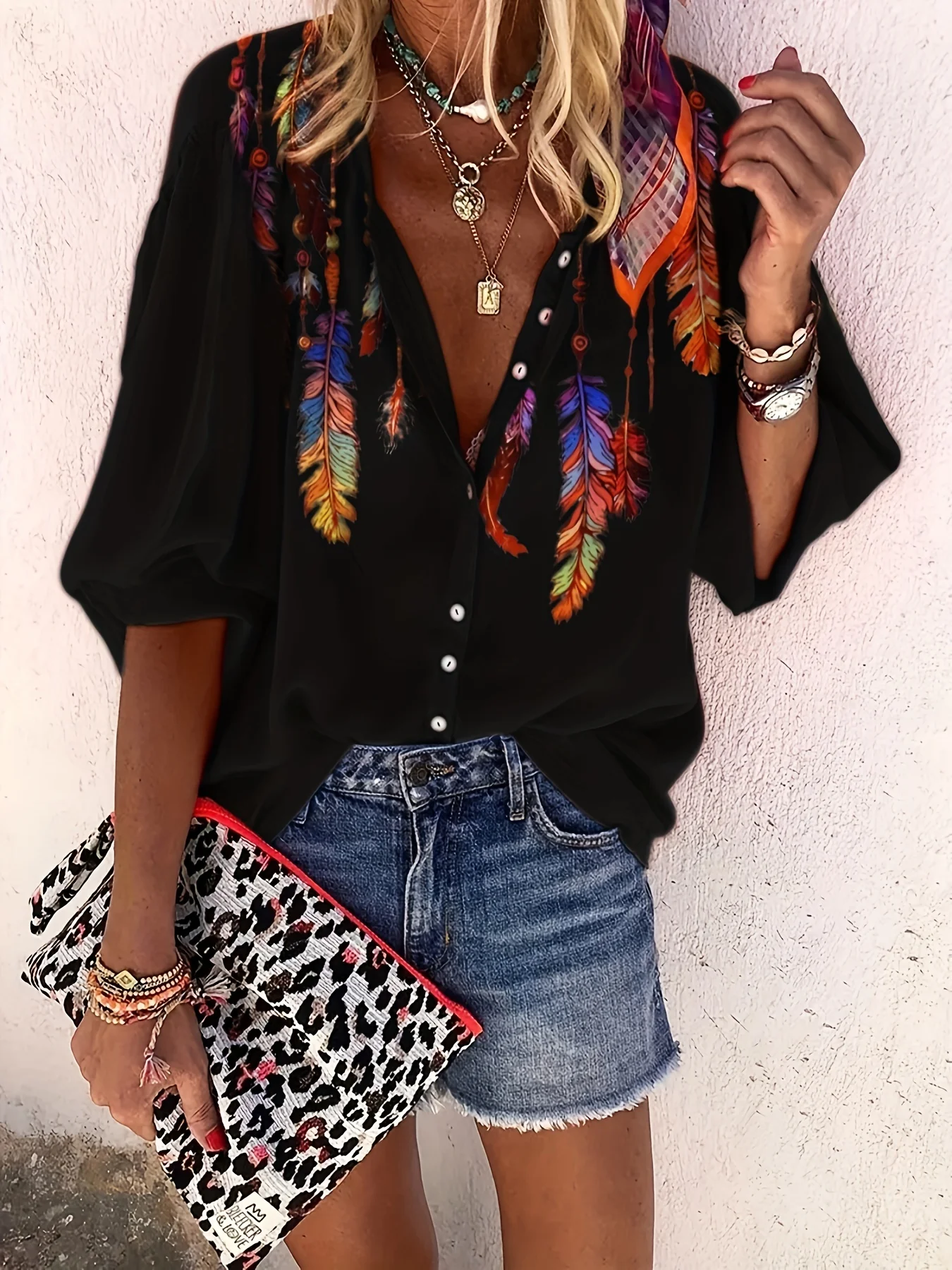 Western Geo Print Blouse, Casual Button V Neck 3/4 Sleeve Blouse For Spring & Summer, Women's Clothing - Deanwangkt