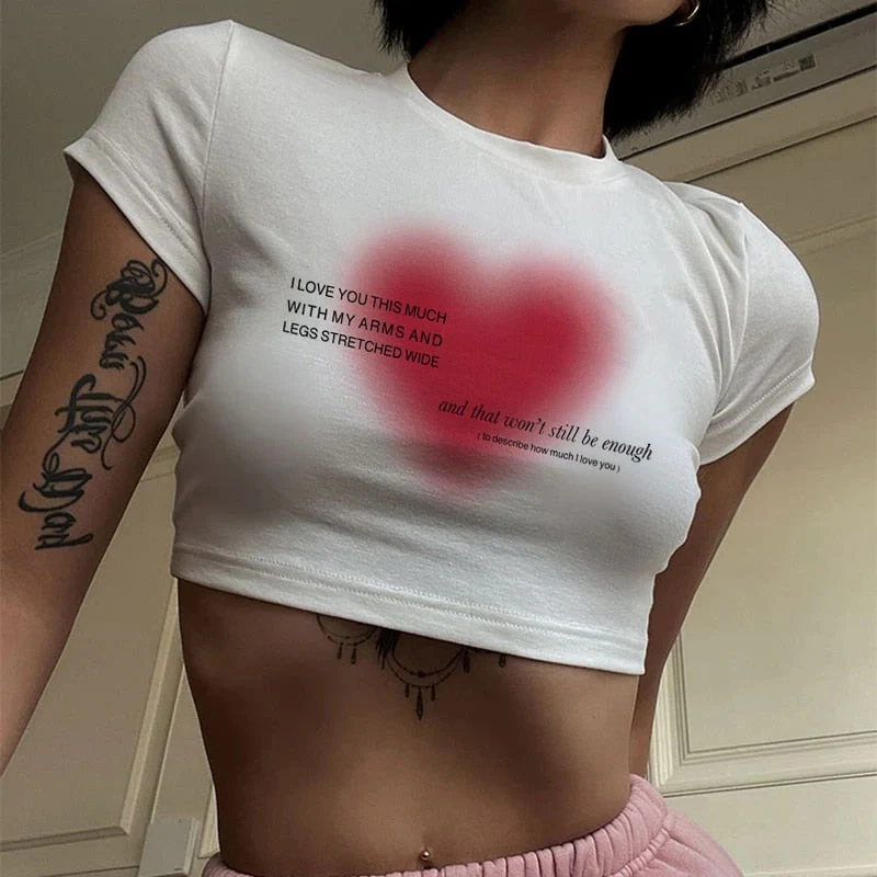 deanwangkt Aesthetic Heart print women T-shirt anime letter kawaii 90's crop tops Summer short sleeve Tees kpop streetwear y2k clothes lady - Deanwangkt