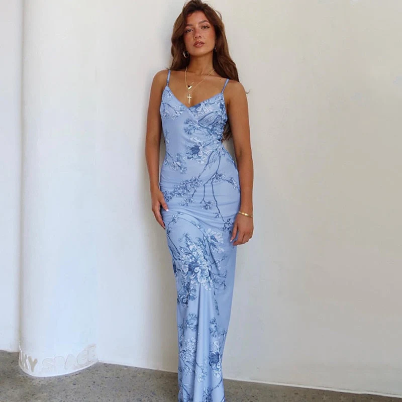 Joskaa Women's New Summer Ins Style Elegant Backless V-neck Print Spaghetti Strap Bodycon Long Maxi Party Evening Dress - Deanwangkt