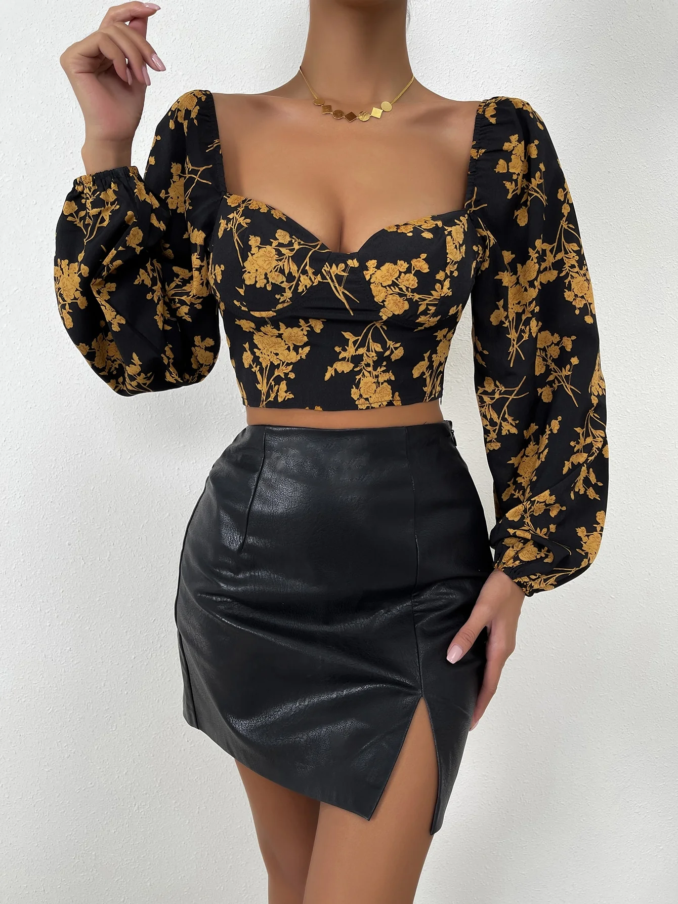 deanwangkt  Floral Print Crop Vintage Top, Lantern Sleeve Crop Top For Spring & Fall, Women's Clothing - Deanwangkt