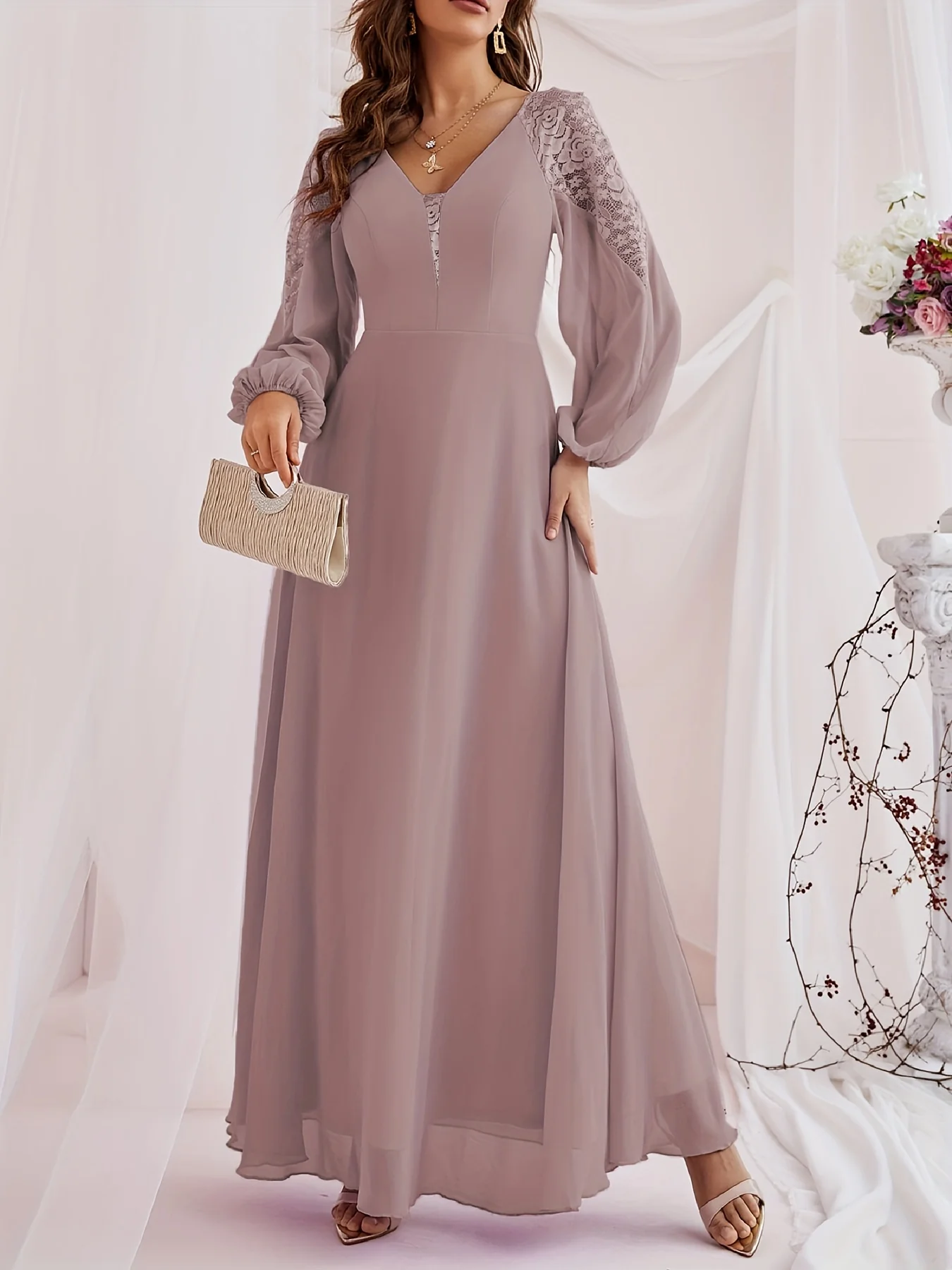Solid Contrast Lace Dress, Elegant V Neck Long Sleeve Maxi Dress, Women's Clothing - Deanwangkt