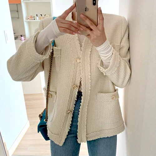 deanwangkt  Woman Jacket New Korea Elegant V-neck Edge Stitching Three Buttons Loose Pocket Tweed Short Coat Ladies Wear - Deanwangkt