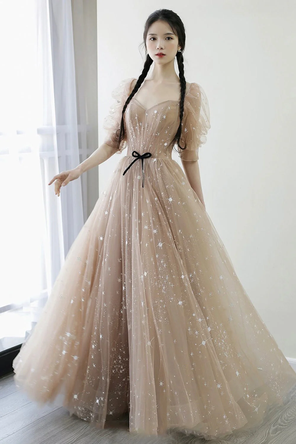 solvbao Champagne Tulle Long Prom Dresses, A-Line 1/2 Sleeve Evening Dresses - Deanwangkt