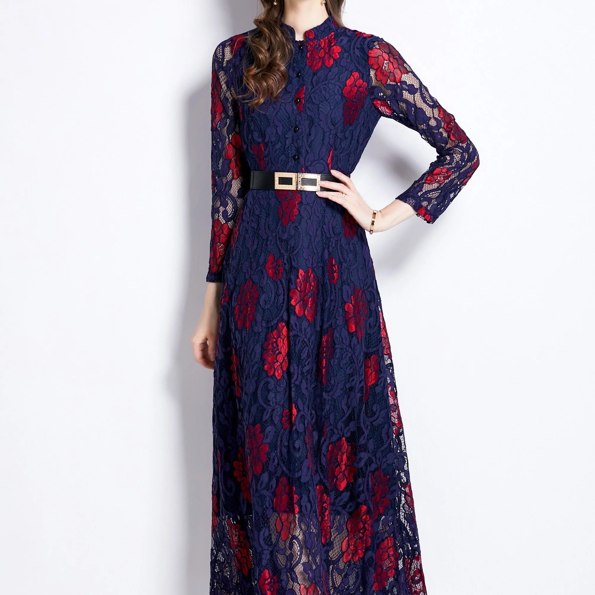 Floral Print Contrast Lace Dress, Elegant Button Front Party Maxi Dress, Women's Clothing - Deanwangkt