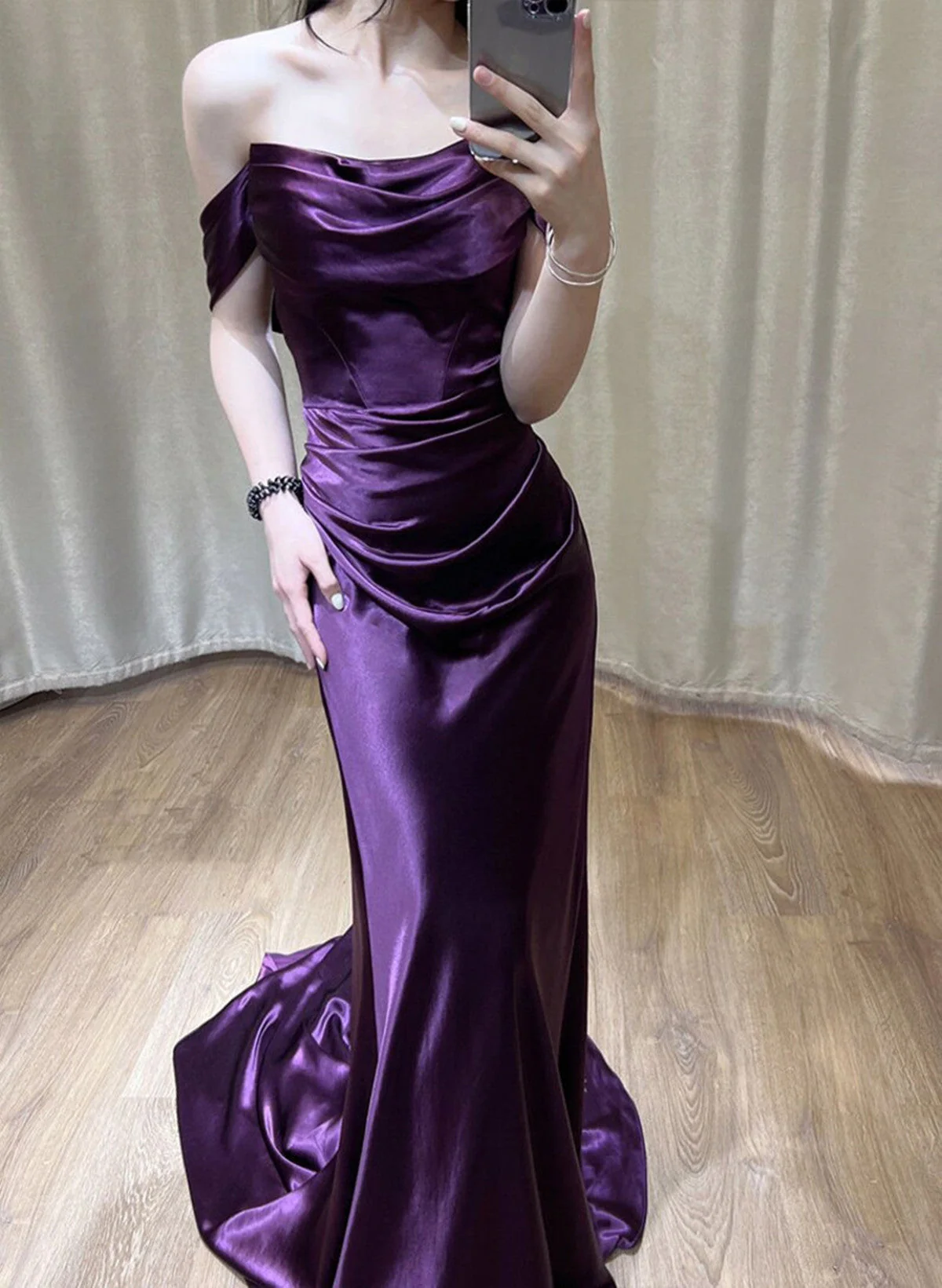 Solvbao Purple Satin Off Shoulder Long Evening Dress, Purple Satin Prom Dress - Deanwangkt
