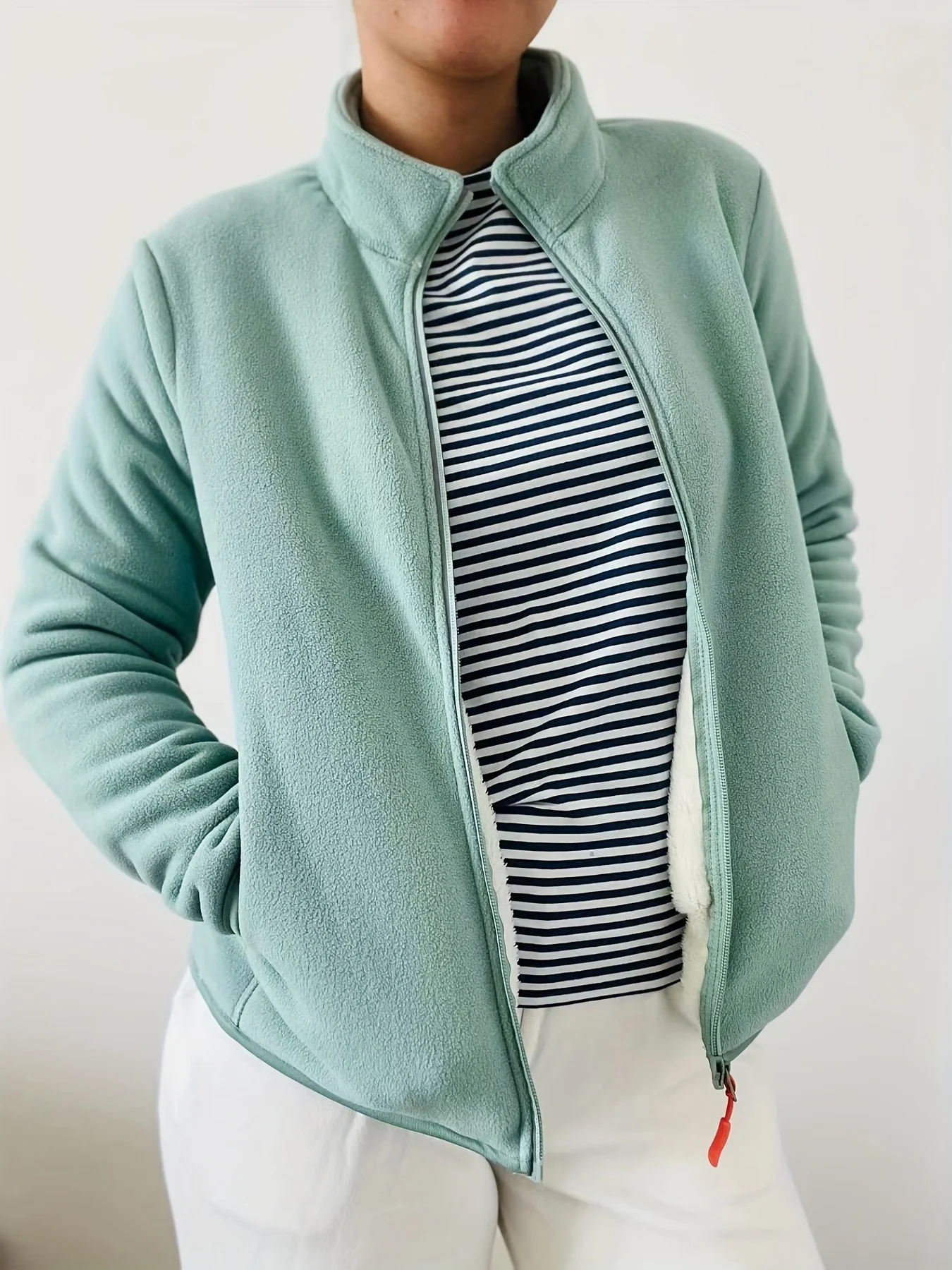 Plain Fleece Liner Outdoor Jacket, Full Zipper Long Sleeves Mock Neck For Hiking Sports Coat, Women's Activewear - Deanwangkt