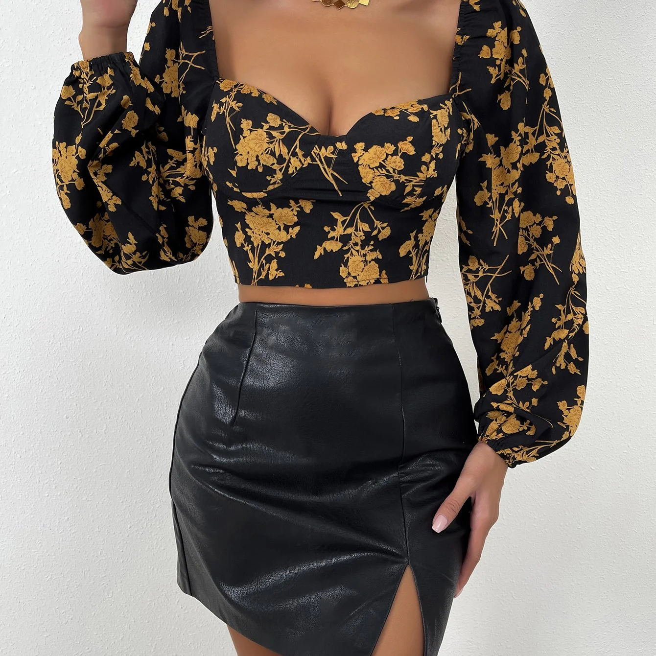 deanwangkt  Floral Print Crop Vintage Top, Lantern Sleeve Crop Top For Spring & Fall, Women's Clothing - Deanwangkt