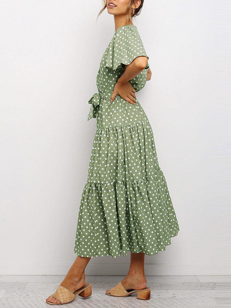 deanwangkt Women Polka Dot V-Neck Short Sleeve Casual Dresses With Belt - Deanwangkt