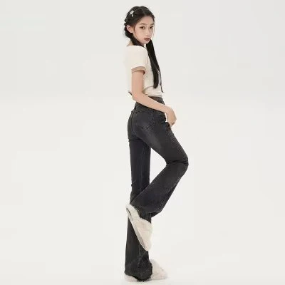 deanwangkt Small American Retro Micro Flared Jeans For Women With A Sense Of Design, Niche High Waisted And Slim, Versatile Floor Mop Pants - Deanwangkt