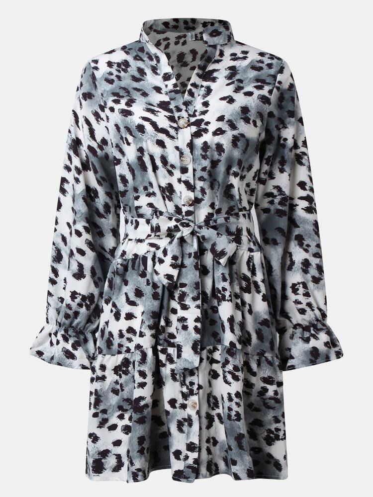 deanwangkt Leopard Print Stand Collar Long Sleeve Button Knotted Dress - Deanwangkt