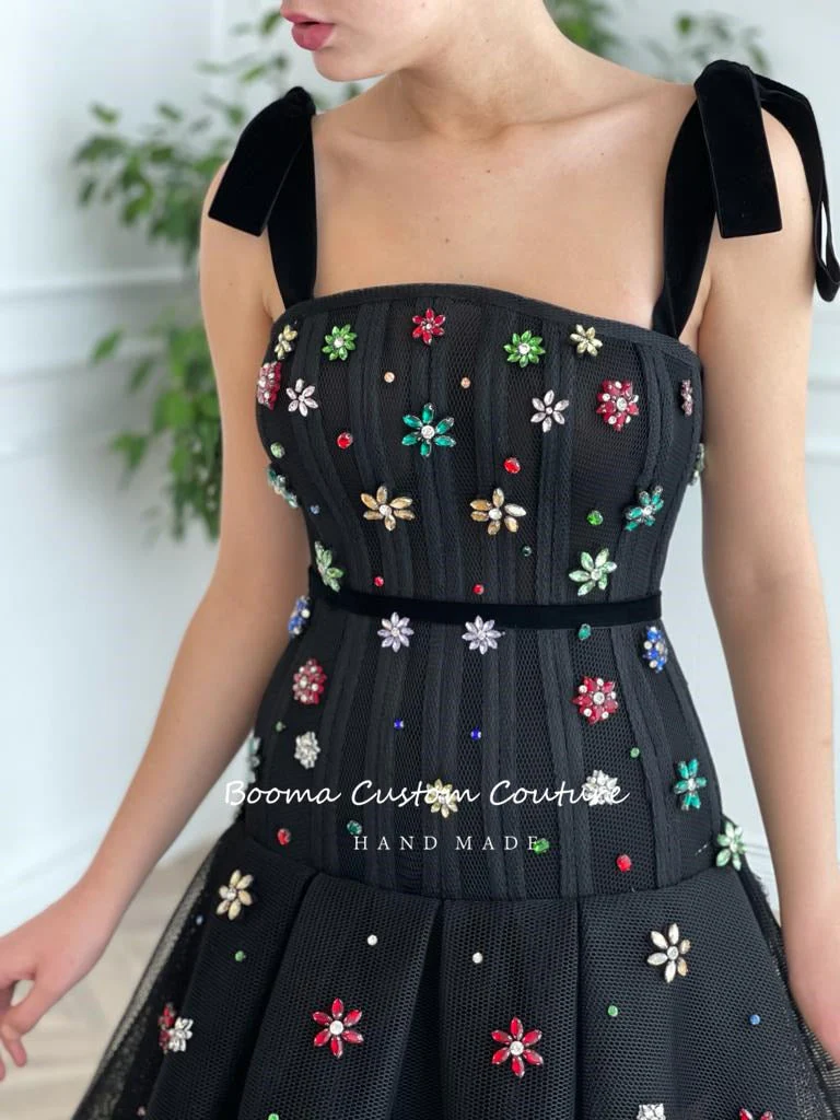 Graduation Gifts Black Mesh Net Tulle A-Line Prom Dresses Spaghetti Straps Crystals Velvet Sashes Long Evening Gowns Formal Party Gowns - Deanwangkt