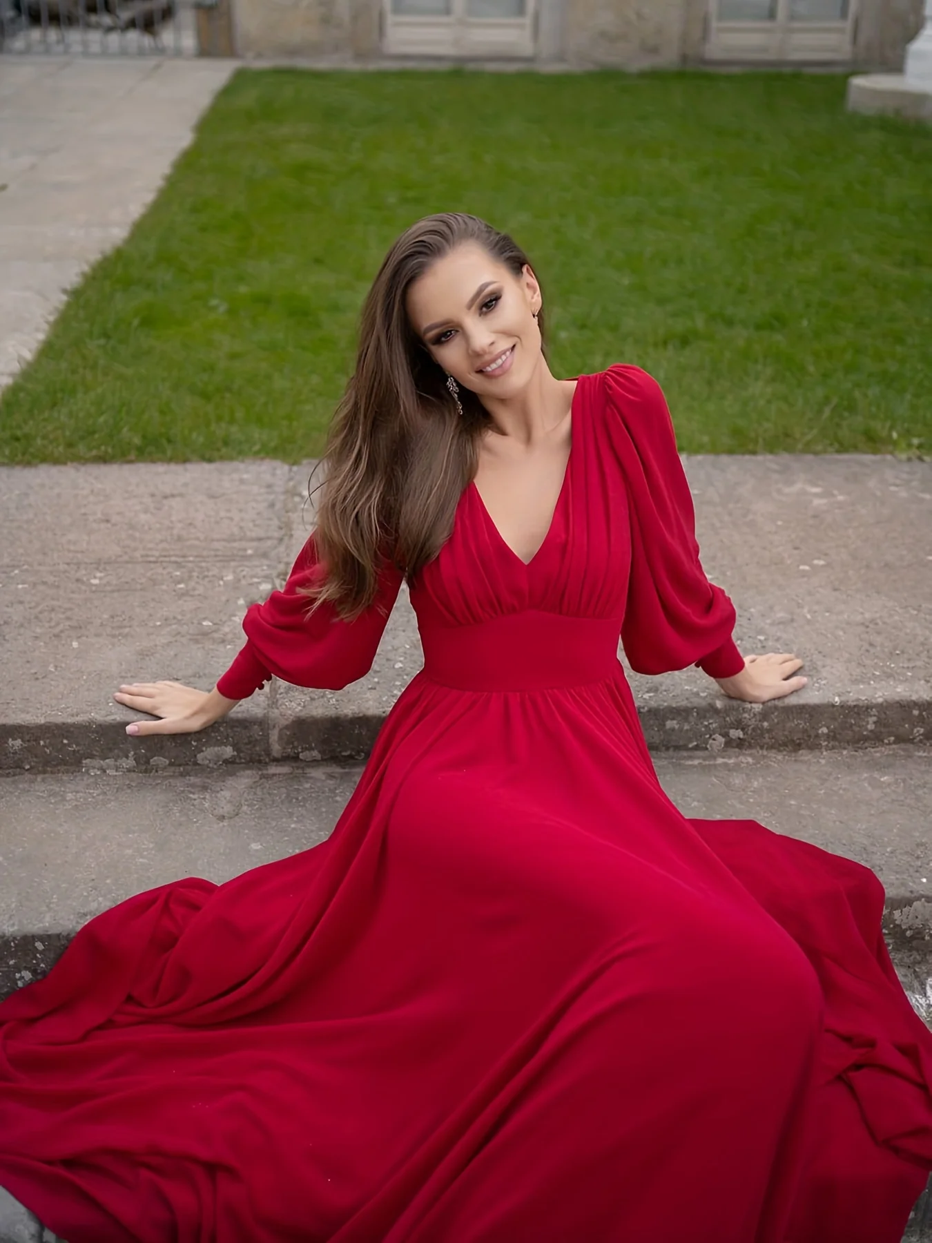 Ruched Plunging Solid Dress, Party Wear Long Sleeve Maxi Dress, Women's Clothing - Deanwangkt