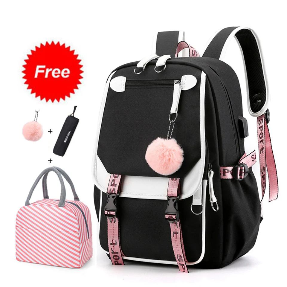 deanwangkt Teen Girl School Backpack with USB Charging Port 15.6 Inch Laptop Bag Water Resistant Nylon School Bookbag New - Deanwangkt