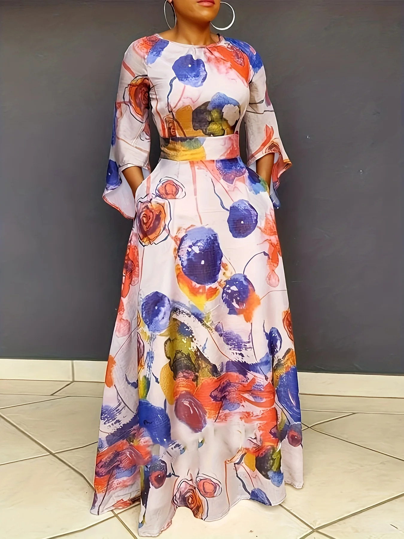 Plus Size Elegant Dress, Women's Plus Random Print Nipped Waist Bell Sleeve Round Neck Maxi Dress - Deanwangkt